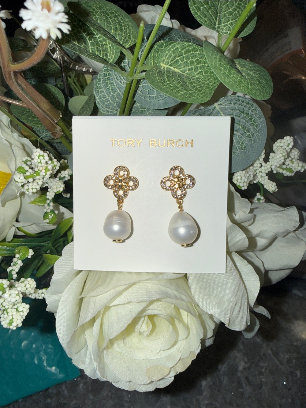 Tory Burch Gold Tone Pearl Drop Clover Earrings & dusty